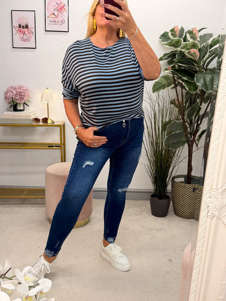 Ladies Fashion Soft Knit Stripe Top - Chocolate, Lime, Blue & Burgundy