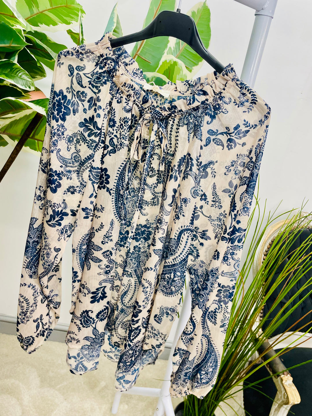 Ladies cream and navy chiffon paisley print top 
