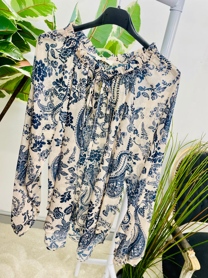 Ladies cream and navy chiffon paisley print top 