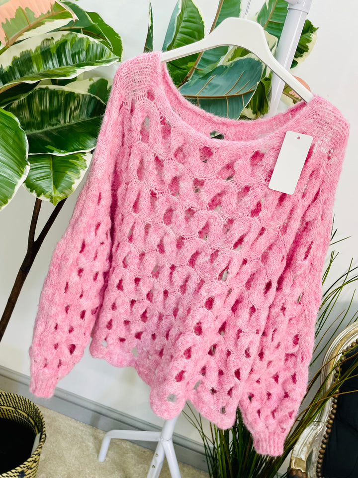 LADIES HOLEY BOX STYLE JUMPER - BLUE, BEIGE, CREAM, PINK & GREY
