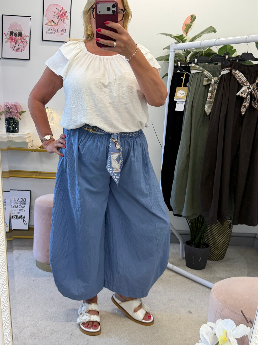 Ladies Cotton Barrel Leg Trousers - Brown, Black, Khaki & Denim Blue