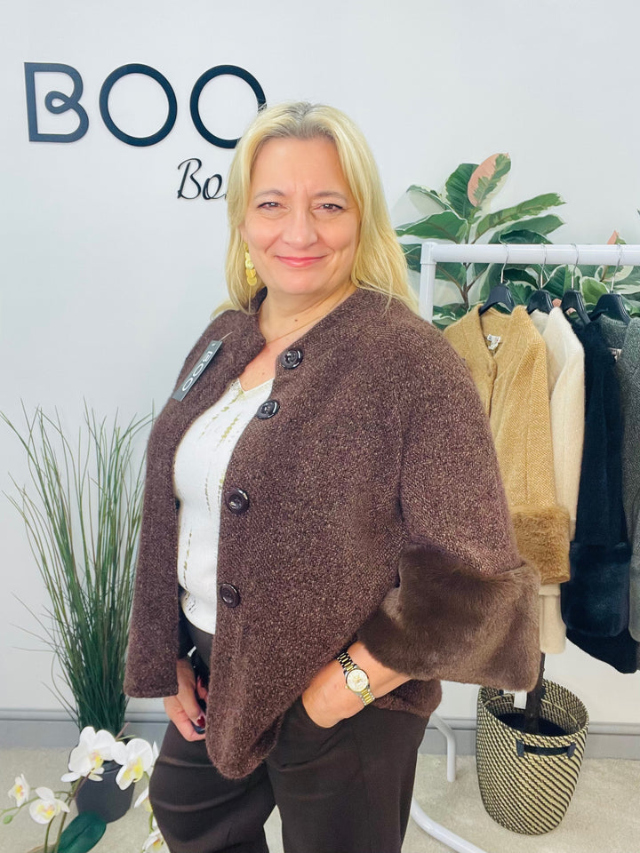 LADIES BOLERO FAUX FUR CARDIGAN JACKET - BLACK, CREAM, CAMEL, KHAKI & BROWN