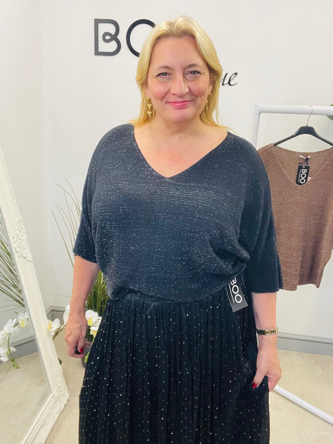 LADIES LUREX LOOSE FIT JUMPER - BLACK & BROWN