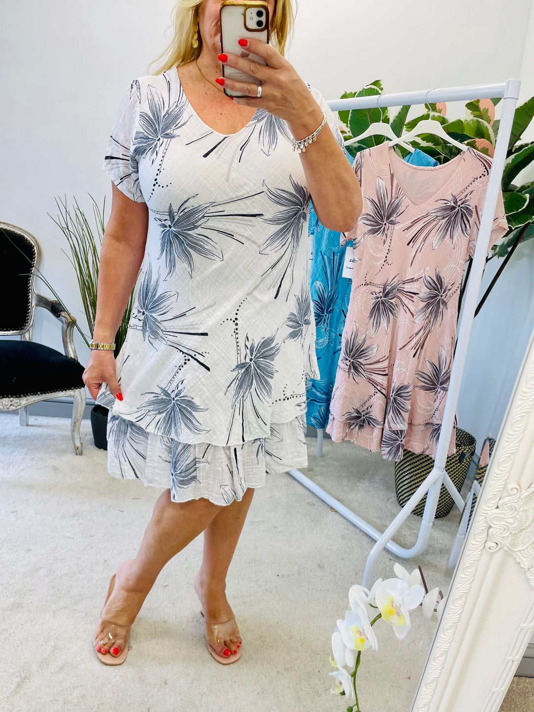 LADIES STRETCH COTTON SUMMER MIDI DAY DRESS - WHITE,  PINK, TURQOUISE