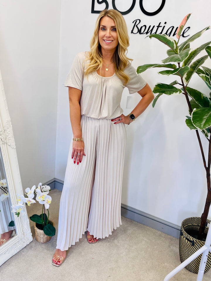LADIES PLEATED WIDE LEG CULOTTE TROUSERS - BLACK, NAVY, BROWN, BEIGE