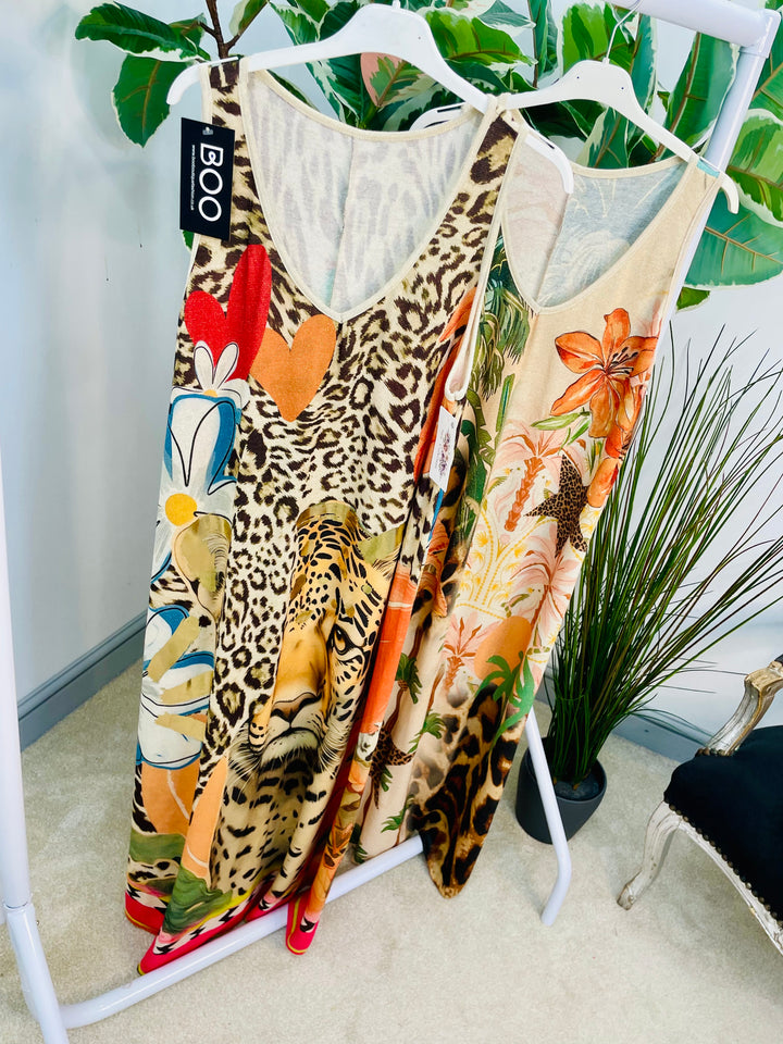 LADIES LUREX TROPICAL TIGER PRINT SUMMER MAXI DRESS