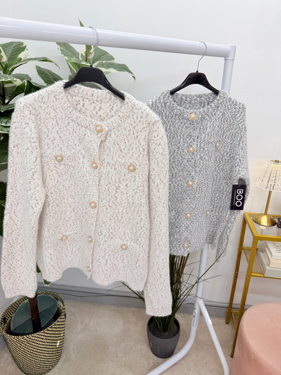 Ladies Fashion Soft Fluffy White Cardigan Jumper - Black & Brown fleck