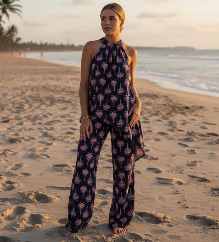 Ladies Palm Tree Print Fashion Trouser Co Ord Set - Navy, White, Pink, Brown & Orange