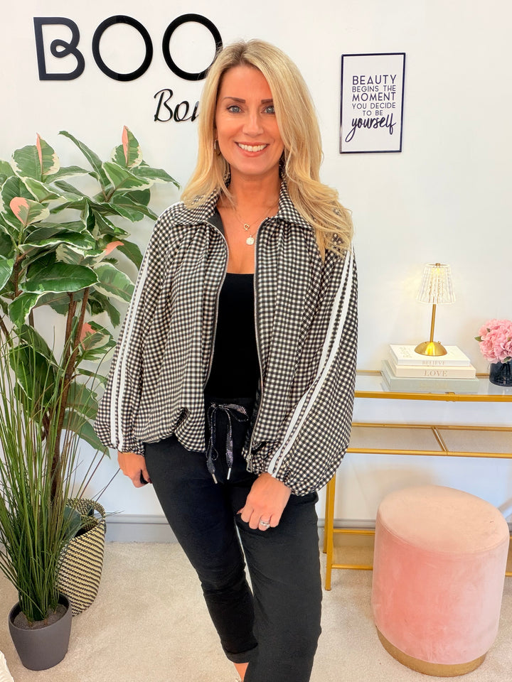 Women’s check sports luxe bomber jacket - red and black 