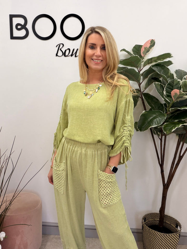 Ladies Fashion Ruche Sleeve Teabag Linen Top pistachio lime green