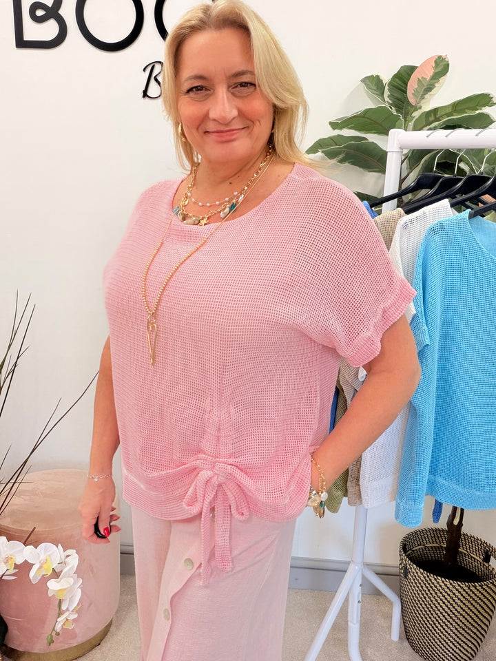 Ladies Fashion Teabag Linen Short Sleeve Top candy pink