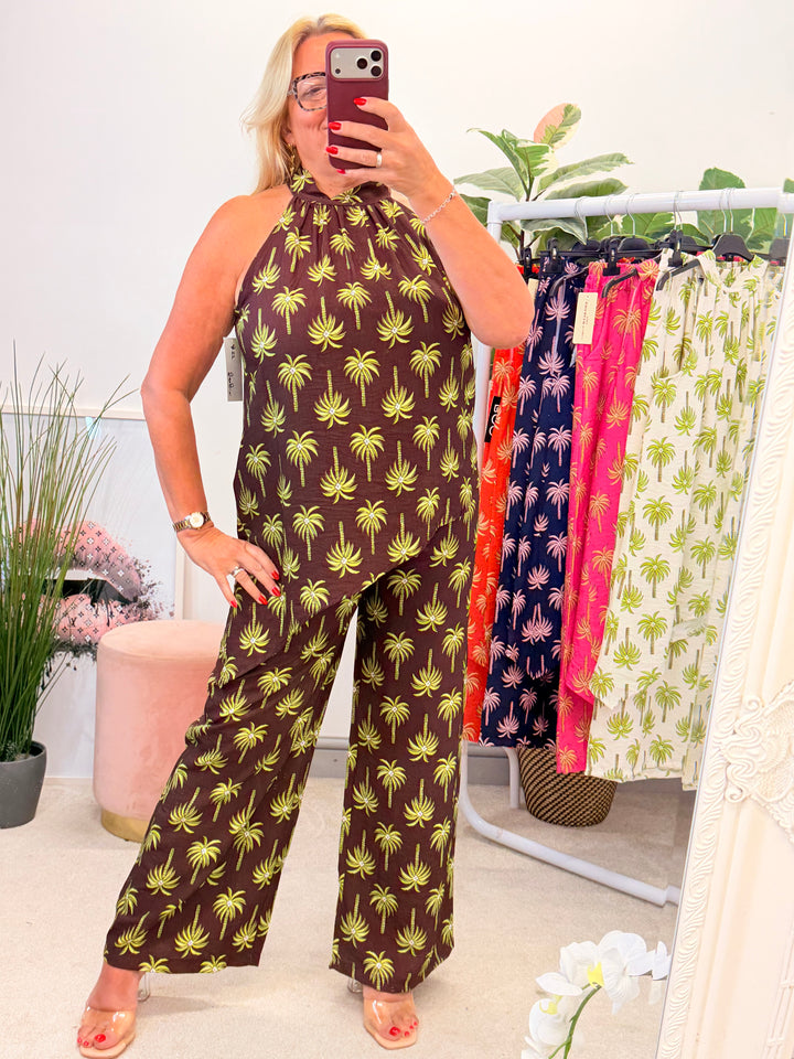 Ladies Palm Tree Print Fashion Trouser Co Ord Set - Navy, White, Pink, Brown & Orange
