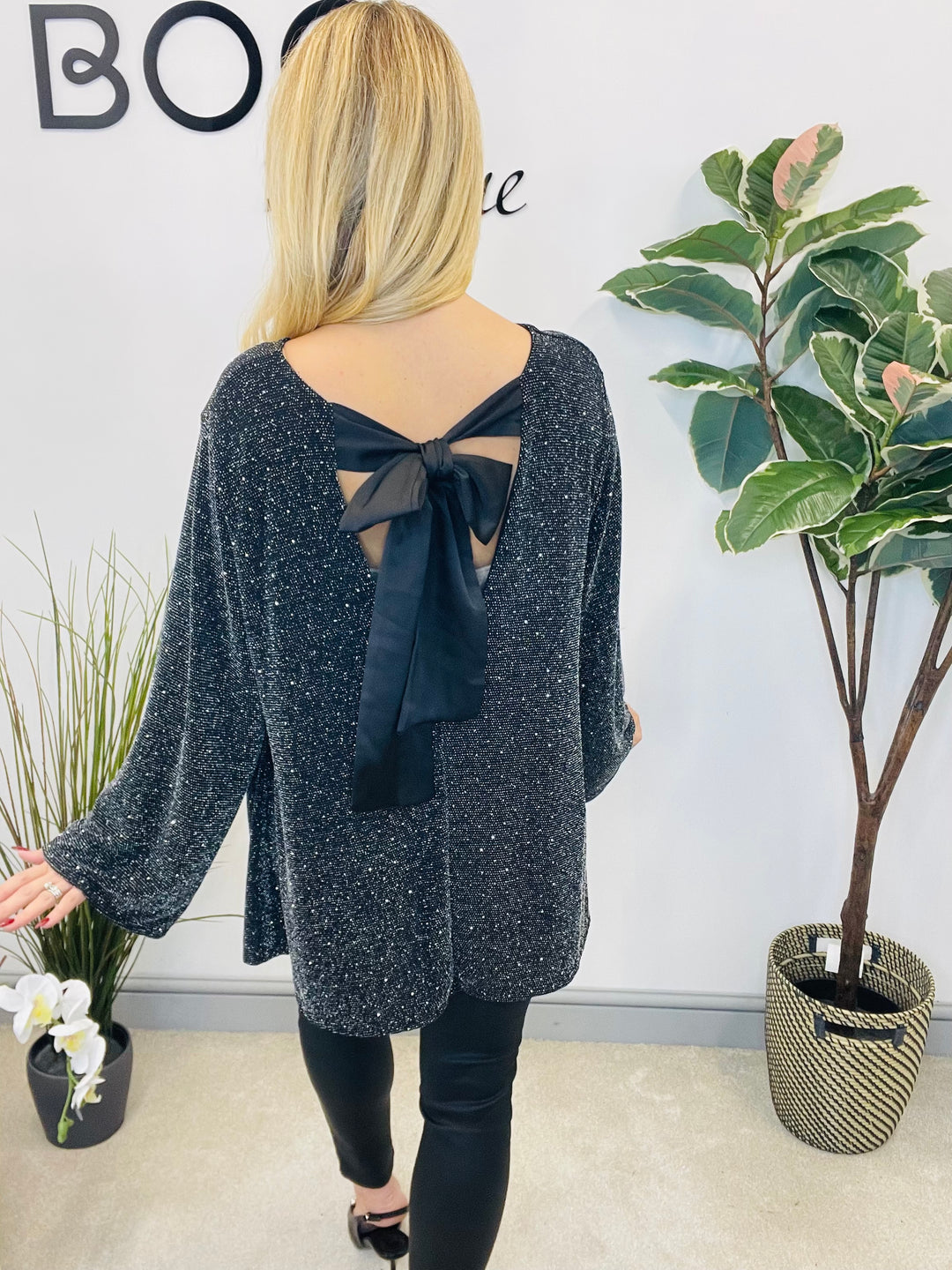 LADIES LUREX FLOATY BOW BACK TOP - BLACK, SILVER, GOLD, RED