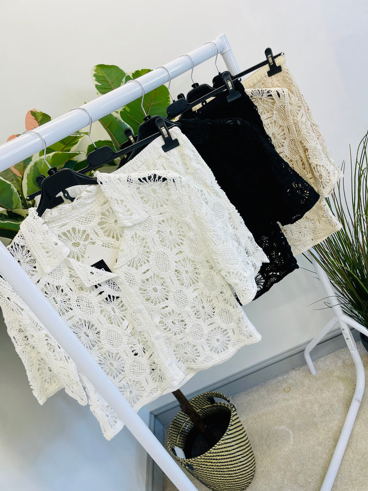 LADIES CROCHET LACE SHORTS CO ORD - BLACK, BEIGE, WHITE
