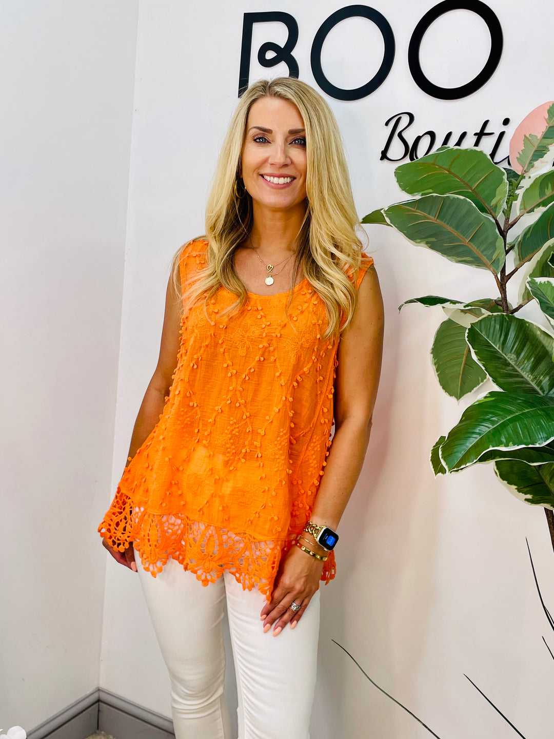 LADIES PRETTY CROCHET SUMMER SLEEVELESS TOP - WHITE, BEIGE, PINK, ORANGE, YELLOW, FUSCHIA
