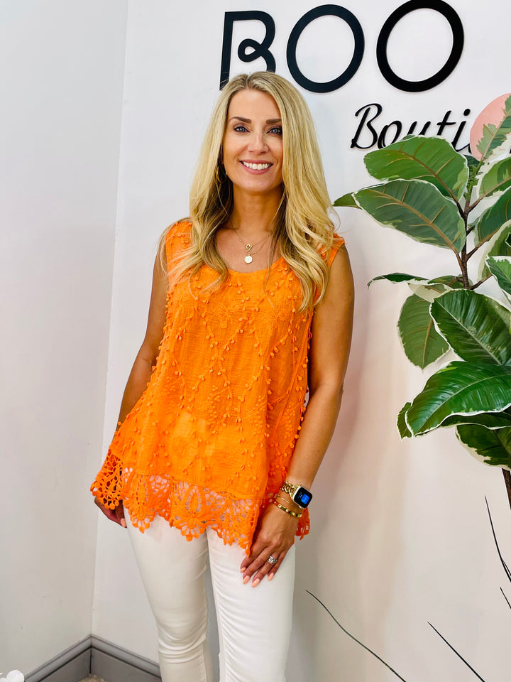 LADIES PRETTY CROCHET SUMMER SLEEVELESS TOP - WHITE, BEIGE, PINK, ORANGE, YELLOW, FUSCHIA