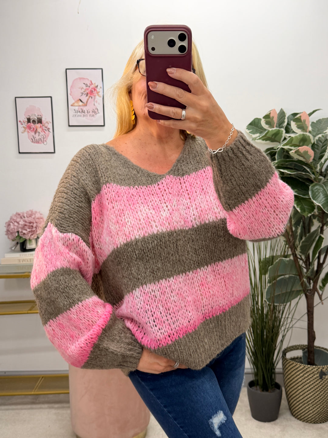 Ladies Fashion Stripe Slouch Chunky Knit Jumper - Mocha, Grey & Beige