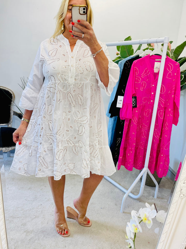 LADIES SUMMER SWING SEQUIN DRESS - WHITE, BLACK, PINK, BLUE