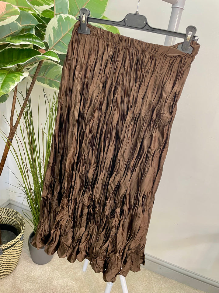 LADIES CRINKLE SATIN MAXI SKIRT - OLIVE, BROWN, NAVY, BLACK, GOLD