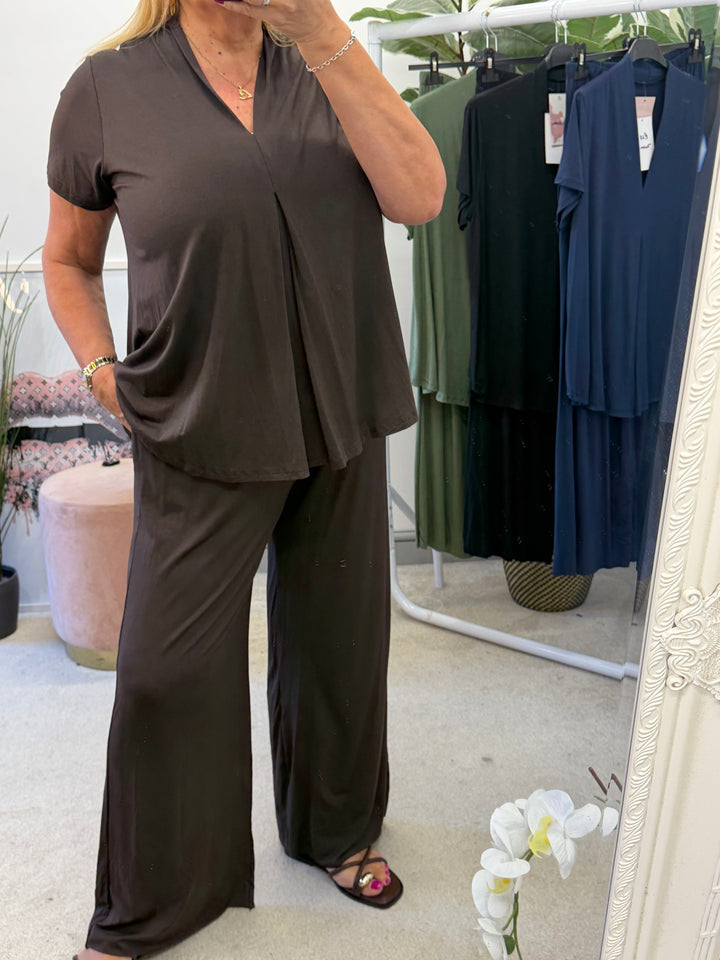 Ladies Fashion Jersey Wide Leg Trouser Co Ord Set - Black, Navy, Khaki & Brown