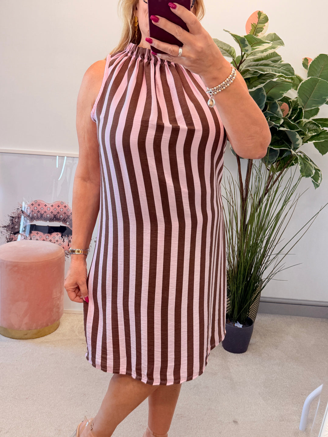 Ladies Candy Stripe High Neck Summer Sun Dress - Brown, Blue, Mint & Pink
