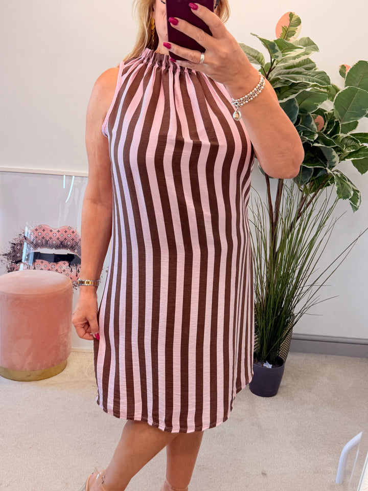 Ladies Candy Stripe High Neck Summer Sun Dress - Brown, Blue, Mint & Pink