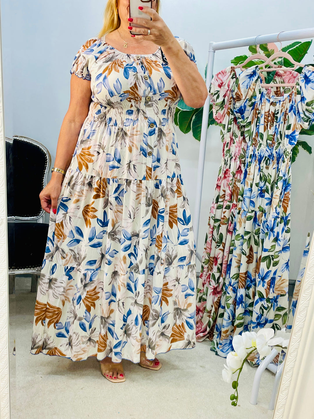 LADIES FLATTERING FLORAL PRINT SUMMER MAXI DRESS - PINK, CREAM & BLUE