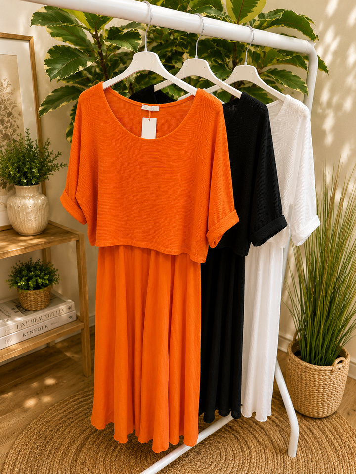 Ladies Cotton Summer Dress & Top Co Ord - White, Black, Orange