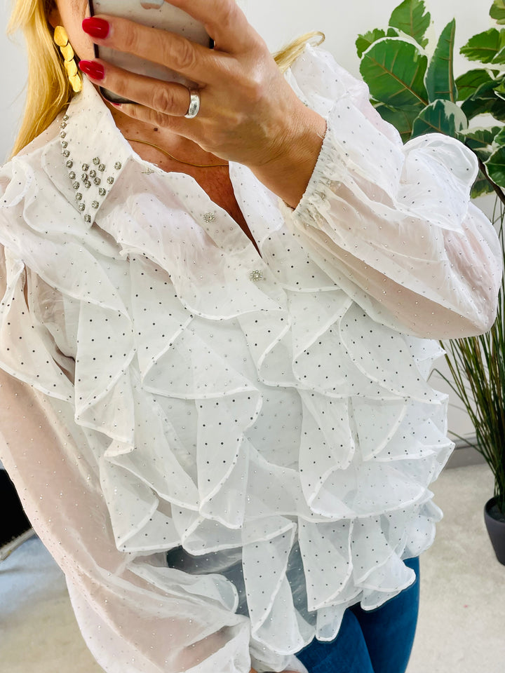 LADIES WOMENS SHEER DIAMANTE JEWELLED BLOUSE SHIRT - BLACK & WHITE
