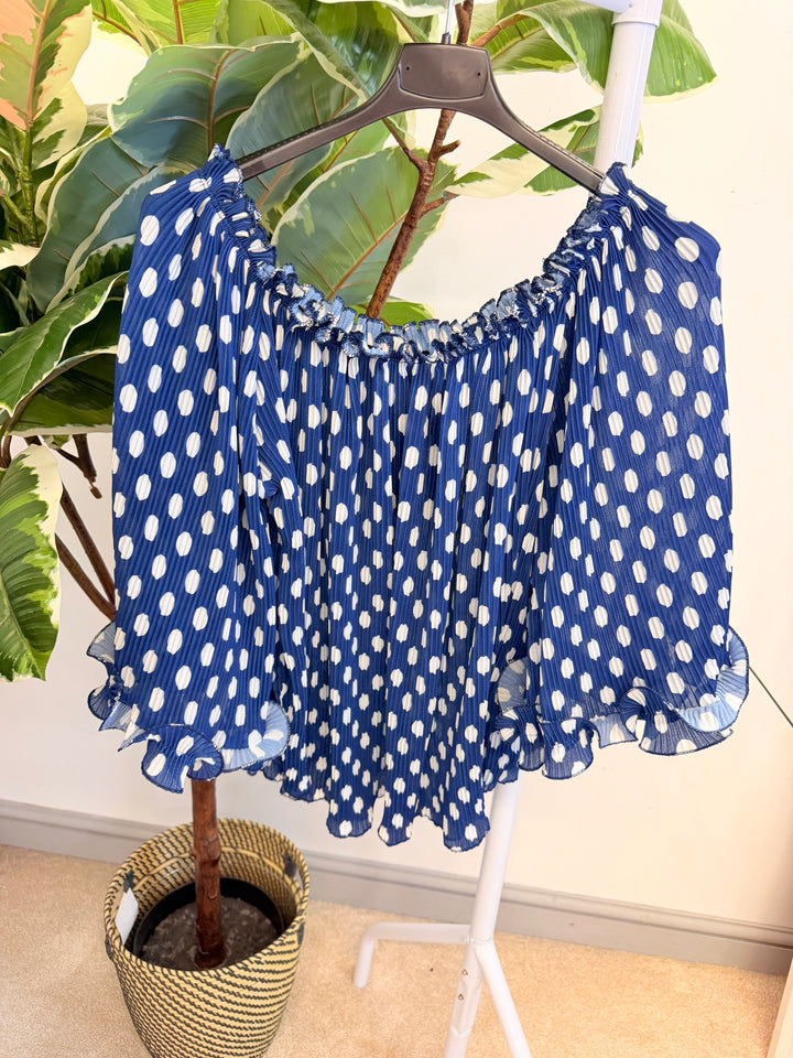 Ladies Pleated Polka Dot Bardot Top - White, Black, Navy & Beige