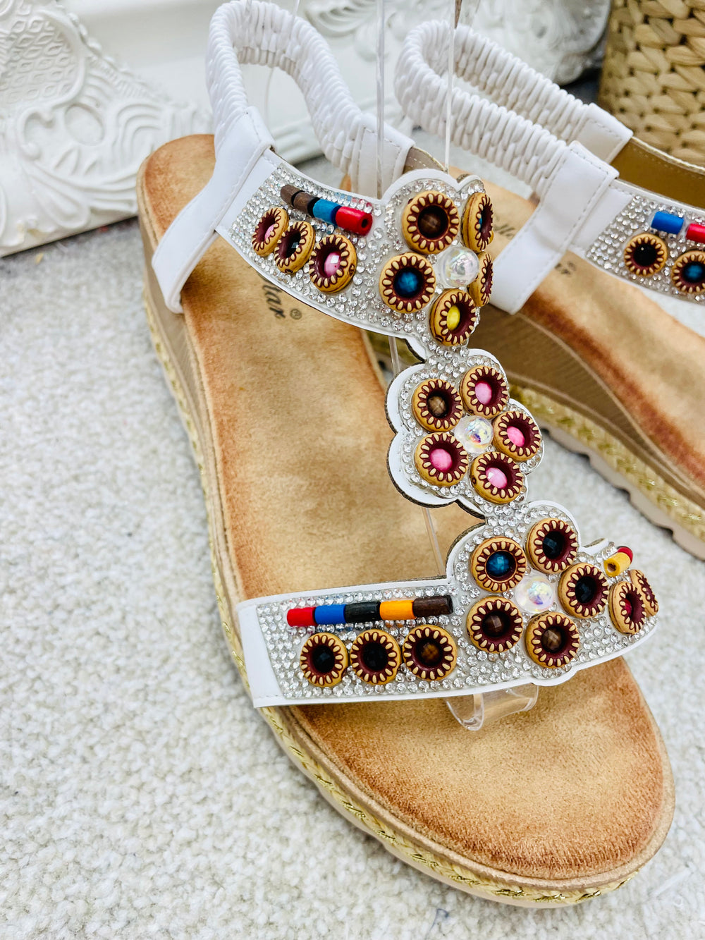 LADIES WOMENS WHITE BEADED LOW WEDGE HEEL SANDALS  sizes 3 to 8