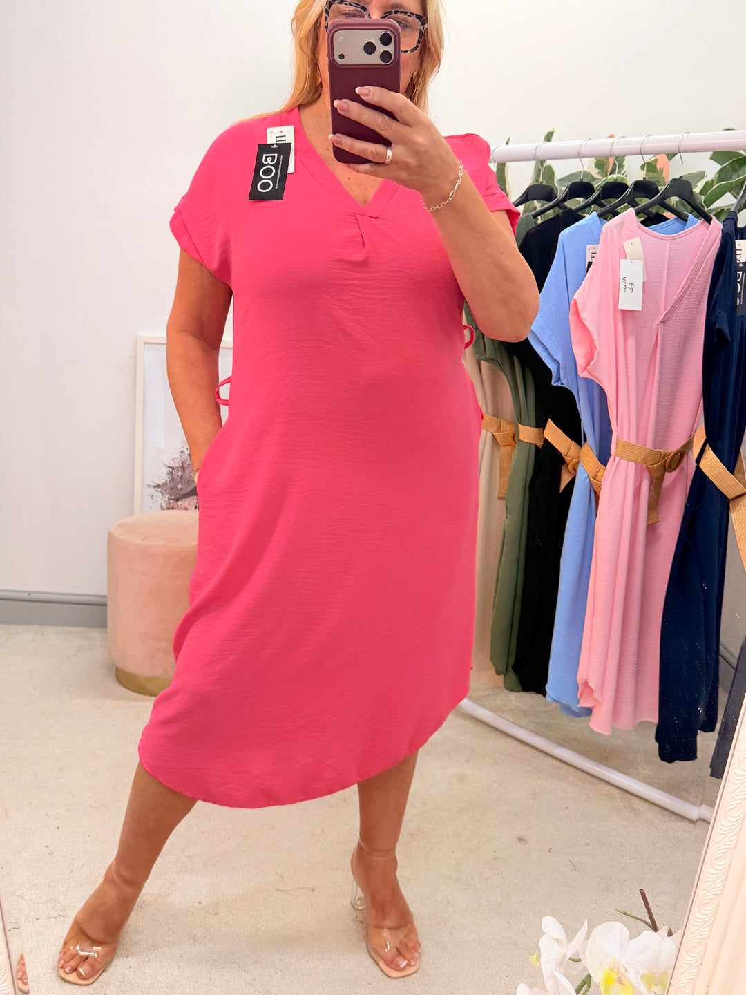 Ladies Fashion Casual Midi Dress fuschia pink