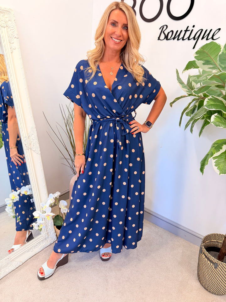 Ladies Polka Dot Wrap Midi Dress - Navy, Cream, Pink, Lemon & Pale Blue