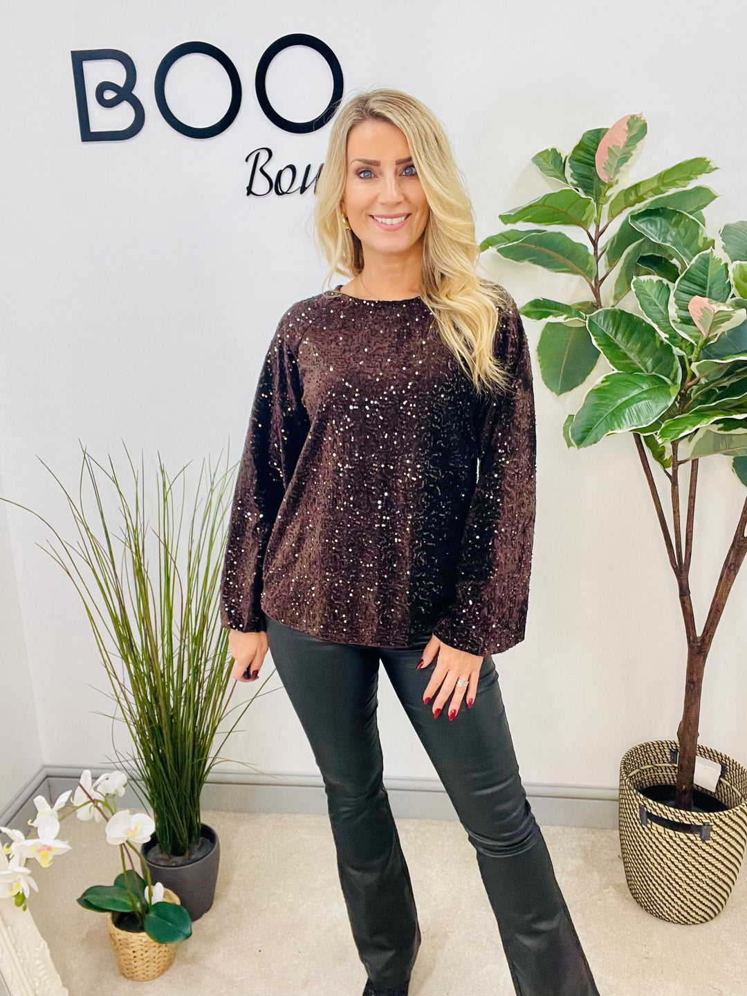 LADIES SEQUIN BOW BACK PARTY TOP - BROWN, BLACK, NAVY, BERRY & SILVER