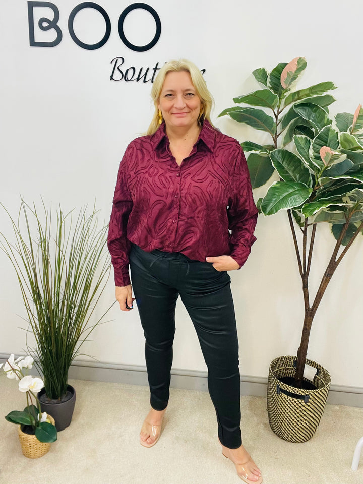 LADIES SMART SHIRT BLOUSE - BLACK & WINE BERRY