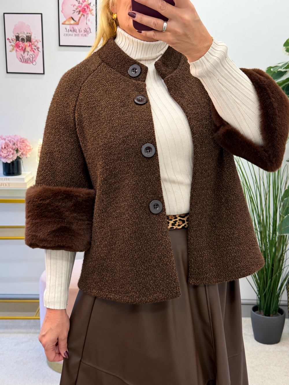 Women's chenille faux fur cuff cape jacket - black, cream, khaki & brown