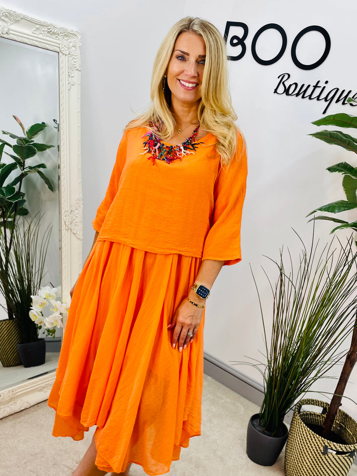 LADIES SUMMER HANKERCHIEF DRESS & CROP TOP SET - ORANGE, WHITE & BEIGE