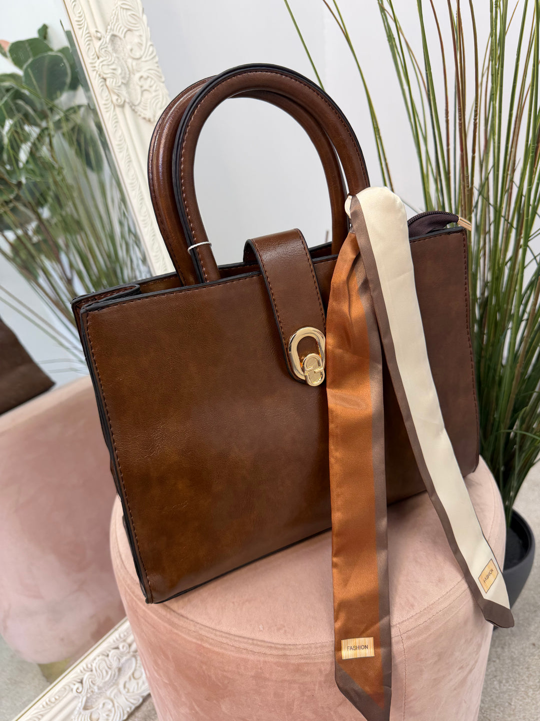 Ladies Fashion Stylish Scarf Handbag - black, brown, tan, & red