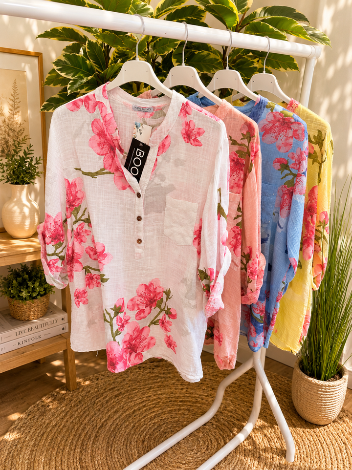 Ladies Light Linen Flower Print Grandad Top Shirt - White, Lemon, Blue & Pink
