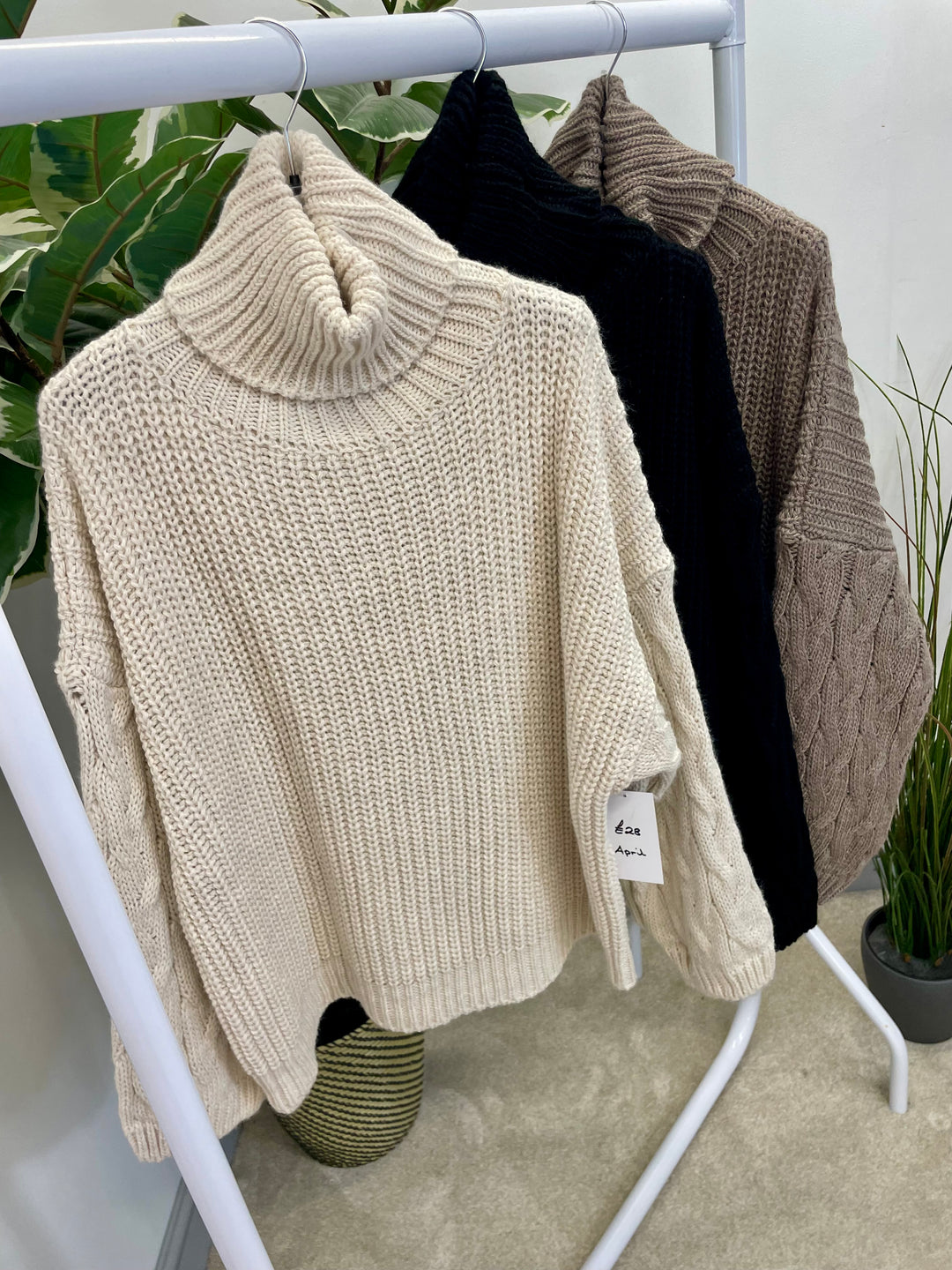 LADIES FISHERMANS CHUNKY KNIT ROLL NECK JUMPER - CREAM, MOCHA, BLACK