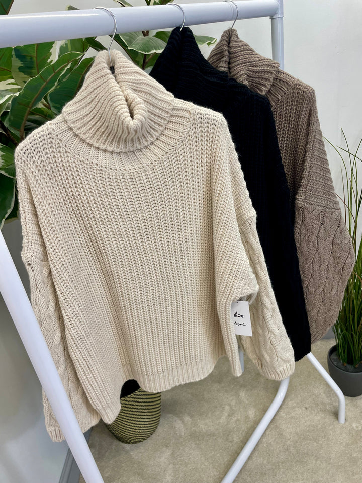 LADIES FISHERMANS CHUNKY KNIT ROLL NECK JUMPER - CREAM, MOCHA, BLACK