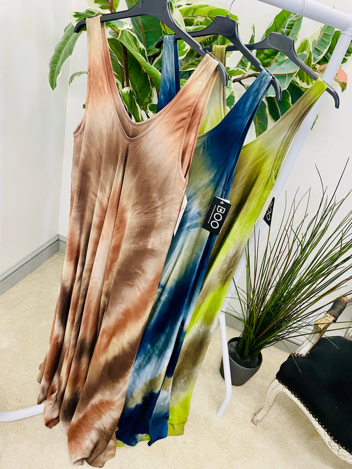 LADIES STUNNING TIE DYE SUMMER MAXI DRESS - NAVY, LIME & BROWN
