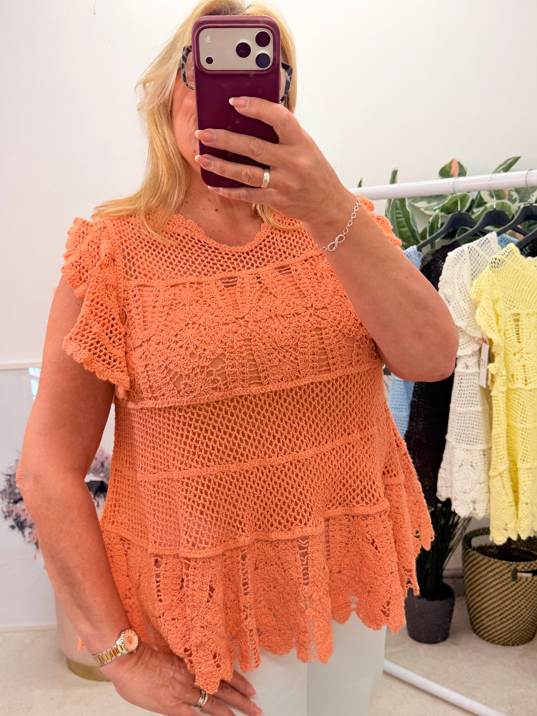 Ladies Pretty Crochet Top - lemon, white, blue, brown & coral 