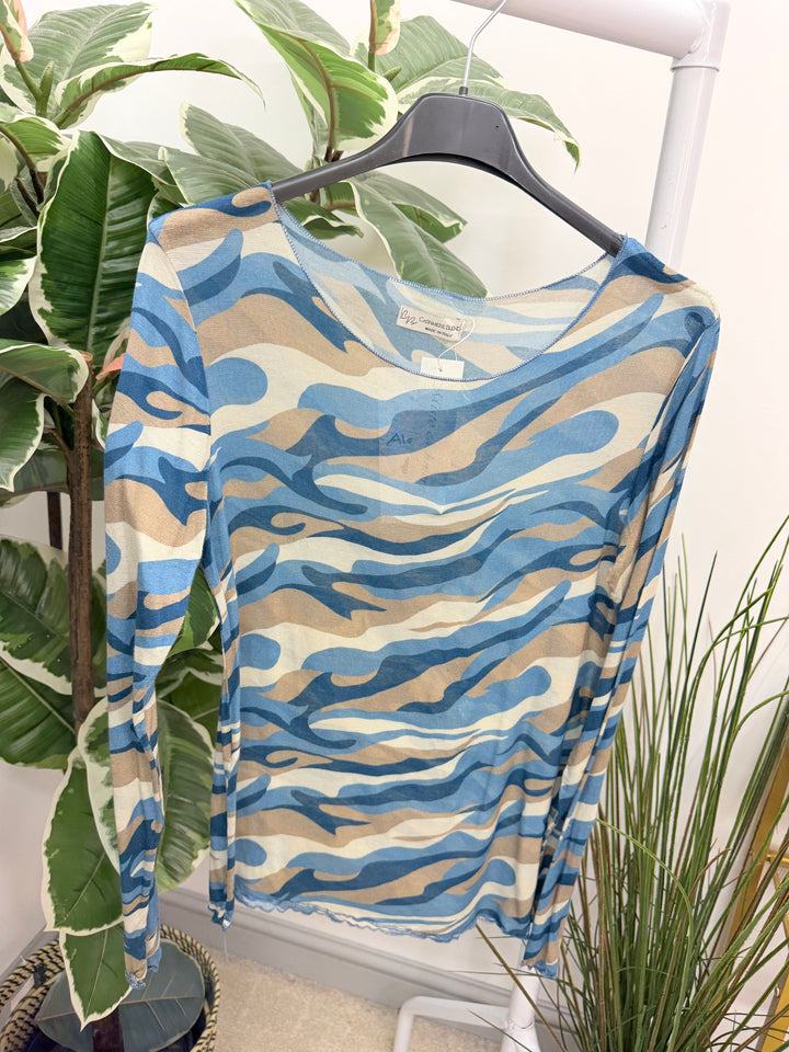 Womens sheer camouflage layer top - blue, khaki, navy & black