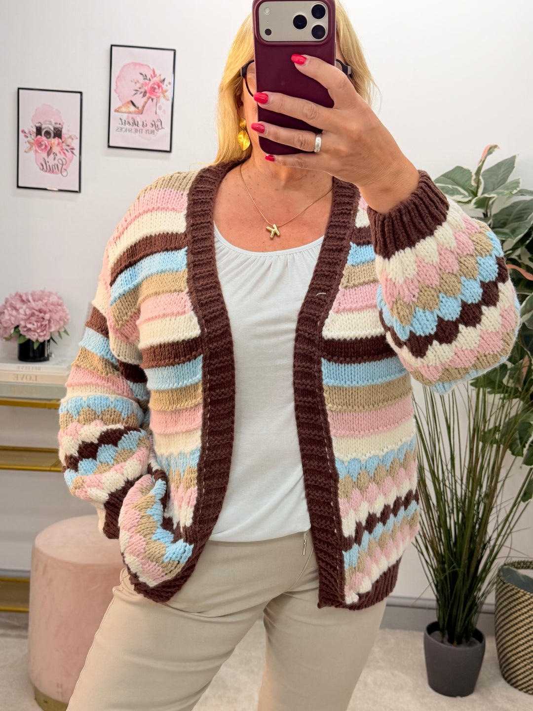 Ladies Fashion Beige Brown Blue Pink Stripe Chunky Knit Cardigan