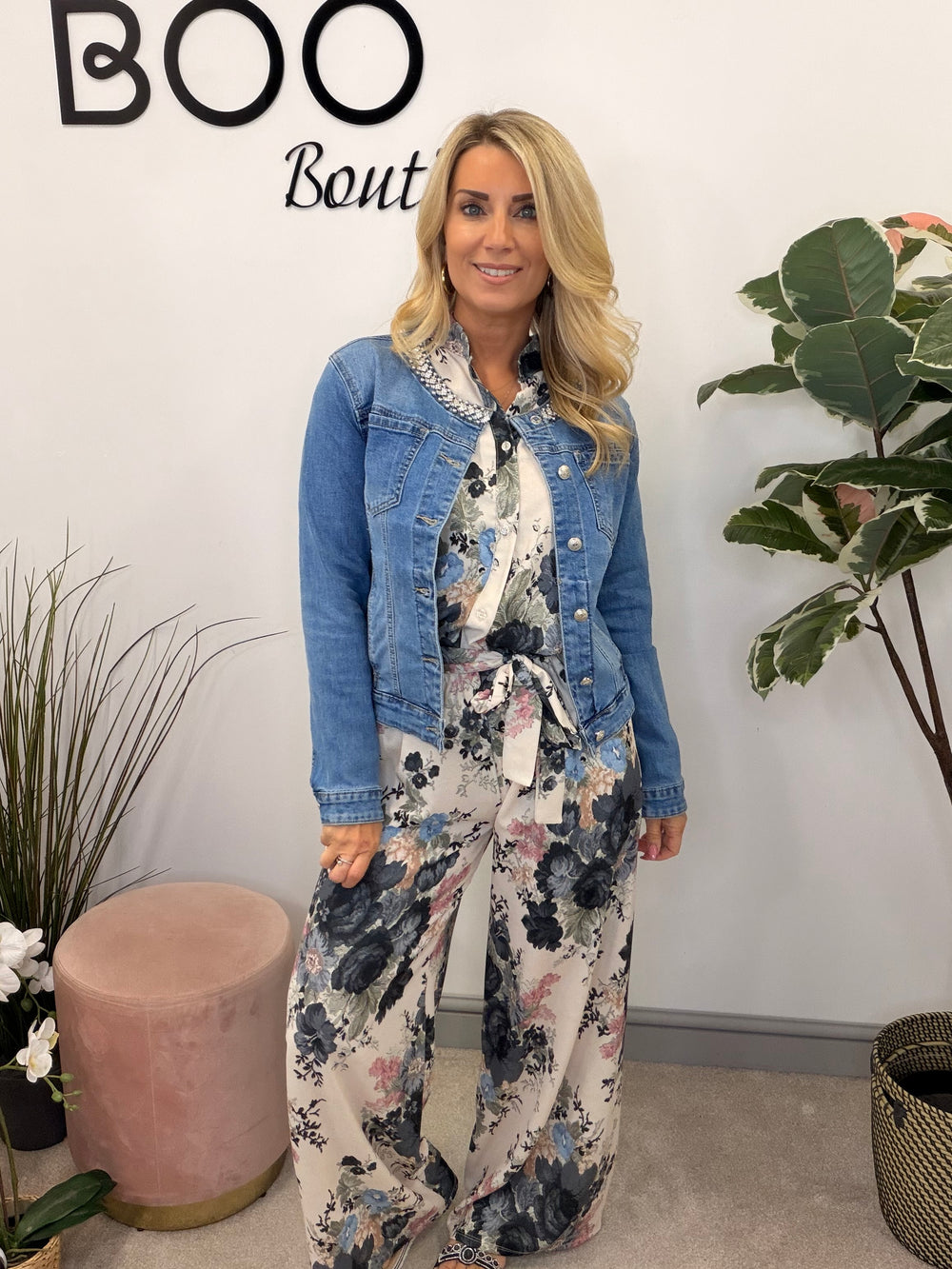 Ladies Fashion Blue Denim Diamante Collar Bomber Jacket