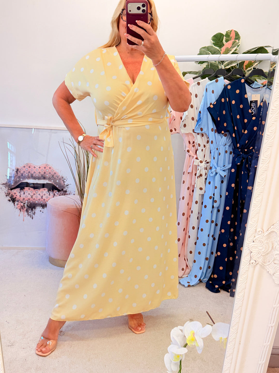 Ladies Polka Dot Wrap Midi Dress - Navy, Cream, Pink, Lemon & Pale Blue