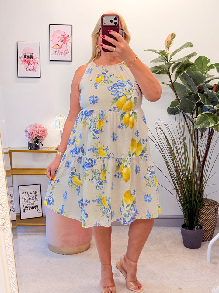 Ladies Lemon Print Summer Sun Dress - Blue & Beige