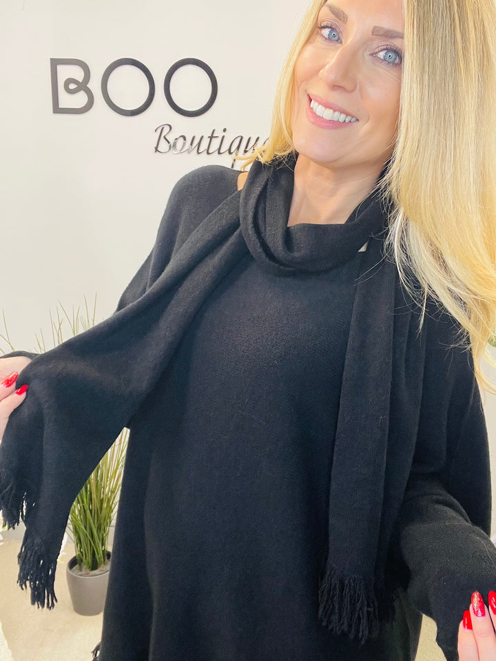 LADIES OVERSIZE JUMPER & SCARF SET BLACK