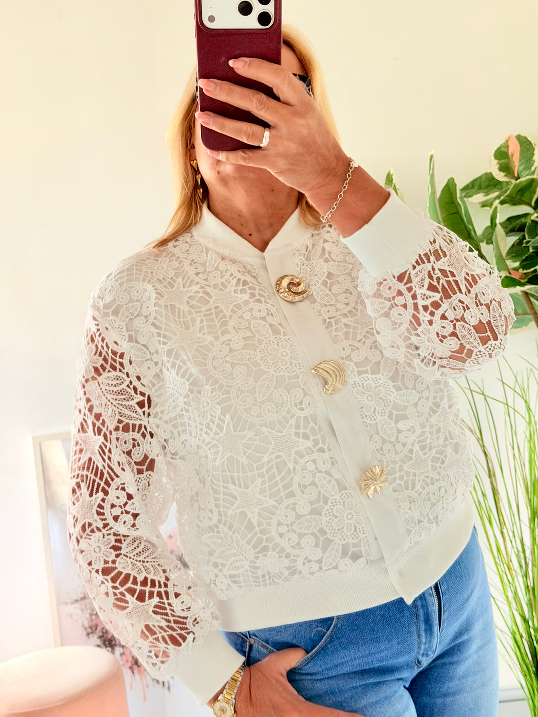 Ladies Fashion White Crochet Bomber Jacket